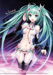 Rule 34 | 1girl, absurdres, alternate costume, aqua eyes, aqua hair, bad id, bare shoulders, black thighhighs, blush, breasts, center opening, cleavage, elbow gloves, gem, gloves, hair ornament, hatsune miku, hatsune miku (append), highres, huge filesize, long hair, lots of jewelry, nardack, navel, open mouth, sky, smile, solo, star (sky), starry sky, thigh gap, thighhighs, twintails, very long hair, vocaloid, vocaloid append, wading