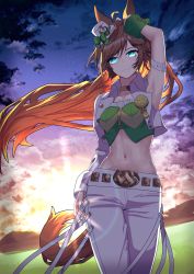 Rule 34 | 1girl, absurdres, ahoge, animal ears, arm belt, arm up, armpits, breasts, brown hair, choker, closed mouth, cloud, cloudy sky, collarbone, commentary request, cowboy shot, green eyes, green shirt, groin, hair between eyes, hair ornament, hairclip, hat, highres, horse ears, horse girl, horse tail, jacket, long hair, long sleeves, looking at viewer, medium breasts, midriff, mini hat, mini top hat, mr. c.b. (umamusume), natsuki iroha, navel, open clothes, open jacket, outdoors, pants, shirt, sidelocks, single sleeve, sky, sleeve cuffs, smile, solo, standing, strapless, strapless shirt, sunset, tail, top hat, umamusume, white jacket, white pants, yellow choker