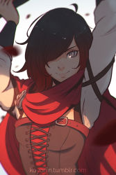 Rule 34 | belt, blush, bodice, cape, grey eyes, hair over one eye, koyorin, lips, looking at viewer, multicolored hair, petals, ruby rose, rwby, simple background, smile, solo, two-tone hair, white background, wind