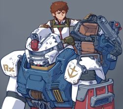 Rule 34 | 1boy, alternate universe, amuro ray, brown eyes, brown hair, cameron sewell, commentary, english commentary, gundam, highres, mecha, mobile suit gundam, pilot suit, radio antenna, robot, rx-78-2, shoulder cannon, visor