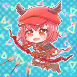 Rule 34 | 1girl, abyss chaser (ragnarok online), arm belt, arrow (projectile), backpack, bag, belt, black shorts, blush, bow (weapon), breasts, brown belt, brown footwear, brown gloves, cabbie hat, chibi, cleavage, commentary request, detached pants, full body, gloves, halftone, hat, holding, holding bow (weapon), holding weapon, looking at viewer, medium breasts, motion blur, nyamen2828, open mouth, pink hair, pouch, ragnarok online, red eyes, red gloves, red hat, shoes, short hair, shorts, smile, solo, two-tone gloves, weapon, winged hat, zipper