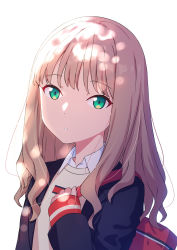 Rule 34 | 1girl, bag, black jacket, blazer, brown sweater, collared shirt, commentary request, green eyes, gridman universe, hand up, heijialan, highres, jacket, light brown hair, long hair, long sleeves, looking at viewer, minami yume, parted lips, school uniform, shirt, simple background, sleeves past wrists, solo, ssss.dynazenon, sweater, upper body, white background, white shirt