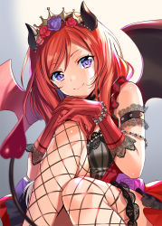Rule 34 | 1girl, absurdres, armband, bare shoulders, beads, black choker, blurry, blurry foreground, breasts, choker, closed mouth, commentary request, demon girl, demon horns, demon tail, demon wings, depth of field, dress, fishnet thighhighs, fishnets, flower, gloves, gradient background, hair flower, hair ornament, highres, horns, knee up, lace trim, long hair, looking at viewer, love live!, love live! school idol festival, love live! school idol project, medium breasts, murakami yuichi, nishikino maki, purple eyes, purple flower, red dress, red flower, red gloves, red hair, rose, sitting, sleeveless, sleeveless dress, smile, solo, striped clothes, striped gloves, tail, tail raised, thighhighs, thighs, tiara, wings