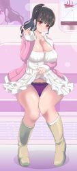 Rule 34 | 1girl, ahim de famille, black hair, blush, boots, bow, bow panties, breasts, brown eyes, cameltoe, cleavage, clothes lift, dress, hair intakes, hand up, highres, jacket, jewelry, kaizoku sentai gokaiger, lace, lace-trimmed panties, lace trim, large breasts, long hair, looking at viewer, necklace, panties, pantyshot, pink jacket, ponytail, poster (object), purple panties, scrunchie, sitting, skirt, skirt lift, smile, super sentai, thigh boots, tokusatsu, underwear