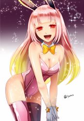 Rule 34 | 1girl, animal ears, artist name, borrowed character, chamochi, commentary request, fake animal ears, fate/grand order, fate (series), gloves, leotard, long hair, original, pink hair, pink leotard, pink thighhighs, playboy bunny, rabbit ears, red eyes, riyo servant (bunnygirl) (fate), smile, solo, sparkle, star (symbol), thighhighs, white gloves
