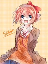 Rule 34 | 1girl, :d, arms behind back, blue eyes, bow, character name, doki doki literature club, hair between eyes, hair bow, jacket, looking at viewer, negi (ngng 9), open clothes, open jacket, open mouth, orange vest, pink hair, plaid, plaid background, red bow, sayori (doki doki literature club), school uniform, shirt, short hair, smile, solo, vest, white shirt