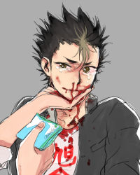 Rule 34 | 10s, 1boy, black hair, blonde hair, blood, blood on clothes, blood on face, brown eyes, crying, crying with eyes open, gakuran, grey background, haikyuu!!, hand on another&#039;s face, handkerchief, looking at another, male focus, multicolored hair, nishinoya yuu, nosebleed, school uniform, short hair, simple background, sketch, smile, solo focus, spiked hair, tears, zkakq