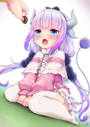 Rule 34 | 10s, 1girl, beads, black bow, black hairband, blue eyes, blunt bangs, blush, bow, candy, capelet, dragon girl, dragon horns, dragon tail, dress, food, hair beads, hair bow, hair ornament, hairband, highres, horns, kanna kamui, kobayashi-san chi no maidragon, kobayashi (maidragon), kurofude anna, long hair, long sleeves, looking at another, monster girl, open mouth, silver hair, sitting, tail, thighhighs, twintails, v arms, wariza, white thighhighs