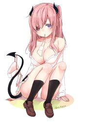 Rule 34 | 1girl, bare shoulders, black sclera, breasts, cleavage, colored sclera, demon girl, demon horns, demon tail, female focus, heterochromia, highres, horns, large breasts, loafers, long hair, looking at viewer, nei (os), original, os (os fresa), panties, pink hair, pointy ears, purple eyes, red eyes, shoes, sitting, solo, tail, twitter username, underwear