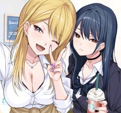 Rule 34 | 2girls, black choker, blonde hair, blue hair, breasts, brown eyes, cardigan, choker, clothes around waist, collared shirt, cup, disposable cup, dress shirt, drinking straw, earrings, fake nails, fingernails, gyaru, hario 4, highres, jewelry, large breasts, long fingernails, mole, mole on breast, multiple girls, nail polish, necklace, original, partially unbuttoned, purple nails, school uniform, selfie, shirt, starbucks, sweater, sweater around waist, white shirt