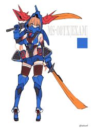 Rule 34 | 1girl, artist name, breasts, cable, dual wielding, efreet custom, gundam, gundam side story: the blue destiny, helmet, highres, holding, holding sword, holding weapon, i.takashi, mask, mecha musume, medium breasts, missile pod, mouth mask, personification, pink eyes, solo, spikes, sword, thighhighs, v-shaped eyebrows, weapon, white background