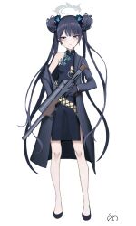 Rule 34 | 1girl, ahneato, black coat, black dress, black hair, blue archive, butterfly hair ornament, china dress, chinese clothes, coat, collarbone, commentary, cs/ls06, double bun, dress, full body, grey eyes, gun, hair between eyes, hair bun, hair ornament, halo, highres, holding, holding gun, holding weapon, kisaki (blue archive), long hair, long sleeves, looking at viewer, open clothes, open coat, pelvic curtain, print dress, side slit, sidelocks, simple background, sleeveless, sleeveless dress, sleeveless turtleneck, solo, standing, turtleneck, turtleneck dress, twintails, weapon, white background