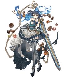 Rule 34 | 1girl, alice (sinoalice), anklet, apron, bare shoulders, blue hair, candy, checkered ribbon, chocolate, choker, elbow gloves, food, frilled skirt, frills, full body, gloves, hair ribbon, jewelry, ji no, mary janes, official art, pocket watch, red eyes, ribbon, shoes, short hair, sinoalice, skirt, solo, striped clothes, striped thighhighs, sword, thighhighs, transparent background, watch, weapon