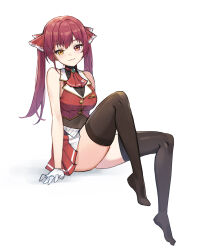 Rule 34 | 1girl, angcha, black thighhighs, full body, gloves, heterochromia, highres, hololive, houshou marine, miniskirt, red eyes, red hair, shirt, simple background, sitting, skirt, sleeveless, sleeveless shirt, solo, thighhighs, twintails, virtual youtuber, white background, white gloves, yellow eyes