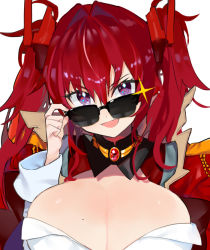 Rule 34 | 1girl, adjusting eyewear, adjusting glasses, breasts, cleavage, gem, hair between eyes, large breasts, last origin, looking over eyewear, looking over glasses, may of doom, mole, mole on breast, open mouth, pinch (nesume), portrait, purple eyes, red hair, smile, solo, sparkle, sunglasses, tinted eyewear, twintails