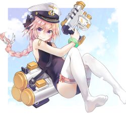 Rule 34 | &gt;:), 1boy, astolfo (fate), astolfo (femboy idol) (fate), bandaid, bandaid on shoulder, bare arms, bare shoulders, black bow, black one-piece swimsuit, blue sky, blush, bow, bracelet, braid, closed mouth, cloud, commentary request, fang, fate/apocrypha, fate (series), finger on trigger, hair between eyes, hair bow, hat, highres, holding, holding water gun, jewelry, kusumoto touka, long hair, looking at viewer, male focus, official alternate costume, one-piece swimsuit, peaked cap, pink hair, pink ribbon, purple eyes, ribbon, school swimsuit, single braid, sky, smile, solo, swimsuit, thighhighs, trap, v-shaped eyebrows, water gun, white hat, white thighhighs