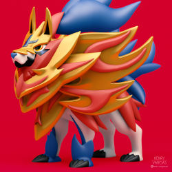 Rule 34 | 3d, animal focus, claws, commentary, creatures (company), dog, english commentary, full body, game freak, gen 8 pokemon, henry vargas, highres, legendary pokemon, nintendo, pokemon, pokemon (creature), red background, signature, simple background, solo, standing, yellow eyes, zamazenta, zamazenta (crowned)