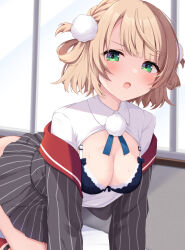 1girl blonde_hair blue_ribbon blunt_bangs blush bra braid breasts collared_shirt commentary green_eyes grey_shirt grey_skirt hair_ornament hair_rings highres indie_virtual_youtuber jacket kurono_yuzuko long_sleeves looking_at_viewer medium_breasts medium_hair miniskirt neck_ribbon open_mouth pinstripe_jacket pinstripe_pattern pinstripe_skirt pleated_skirt pom_pom_(clothes) pom_pom_hair_ornament ribbon shigure_ui_(vtuber) shigure_ui_(vtuber)_(1st_costume) shirt side_braids skirt solo striped_clothes striped_jacket striped_skirt swept_bangs tongue underwear vertical-striped_clothes vertical-striped_jacket vertical-striped_skirt virtual_youtuber white_bra white_shirt