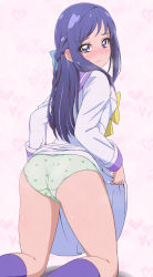 Rule 34 | 1girl, acchi (koiyimknp), ass, blue eyes, blue hair, blush, closed mouth, dokidoki! precure, from behind, green panties, heart, heart background, highres, hishikawa rikka, kneeling, long hair, looking at viewer, looking back, oogai daiichi middle school uniform, panties, pink background, precure, print panties, school uniform, semi-rimless eyewear, socks, solo, thighs, underwear, wavy mouth
