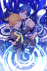 Rule 34 | animal ears, arms around neck, black suit, blue eyes, blue nails, bodysuit, boots, bow, bowtie, cat ears, cat tail, commentary, controller, detached sleeves, foreshortening, from above, full body, glowing, holding, holding remote control, holographic interface, hug, kagamine len, kaito (vocaloid), knee boots, light smile, looking at viewer, male focus, midriff, nail polish, neko cyber (module), one eye closed, project diva (series), receiver (module), remote control, sinaooo, standing, suit, tail, virtual reality, vocaloid, yellow nails