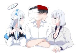 Rule 34 | 1boy, 2girls, bandaged neck, bandages, beret, blue archive, blue necktie, breasts, business suit, cleavage, commander (girls&#039; frontline), crossover, cyka, doodle sensei (blue archive), formal, girls&#039; frontline, grey hair, grey suit, halo, hat, jacket, jacket partially removed, large breasts, long hair, long sleeves, mechanical halo, meme, multiple girls, necktie, noa (blue archive), official alternate costume, purple eyes, purple shirt, red headwear, rpk-16 (girls&#039; frontline), rpk-16 (renate) (girls&#039; frontline), sensei (blue archive), shirt, short hair, sidelocks, suit, the weaker sex 1 (gibson), two-sided fabric, two-sided jacket, very long hair, white halo, white jacket