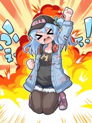 Rule 34 | &gt; &lt;, 1girl, bang dream!, black hat, black pantyhose, black shirt, blue hair, blush, breasts, cable, character print, cleavage, clenched hands, clothes writing, collarbone, commentary request, denim, denim jacket, explosion, full body, hair between eyes, hair ribbon, hat, jacket, jewelry, jumping, kome jirou, light blue hair, long hair, long sleeves, matsubara kanon, medium breasts, michelle (bang dream!), necklace, nose blush, one side up, open clothes, open jacket, open mouth, pantyhose, pantyhose under shorts, pink footwear, raised fist, ribbon, shirt, shoes, short shorts, shorts, sidelocks, sneakers, solo, sound effects, sweatdrop