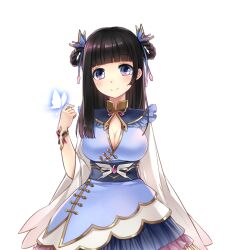 Rule 34 | 1girl, black hair, blue dress, blue sash, blunt bangs, bracelet, breasts, bug, butterfly, china dress, chinese clothes, cleavage, cleavage cutout, closed mouth, clothing cutout, cowboy shot, dot nose, dress, game cg, hair ornament, hair rings, hand up, insect, jewelry, large breasts, long sleeves, looking at viewer, master of eternity, medium hair, nana (master of eternity), non-web source, official art, purple eyes, sash, simple background, smile, solo, straight-on, straight hair, transparent background