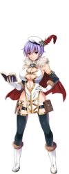 Rule 34 | 1girl, bare hips, bare shoulders, black hair, black thighhighs, book, boots, breasts, caplet, cleavage, earrings, elbow gloves, full body, fur trim, gloves, hand on own hip, hat feather, highres, holding, holding book, holster, jewelry, knife, kyogoku shin, large breasts, leona (sennen sensou aigis), navel, no bra, official art, pelvic curtain, purple eyes, purple hair, sennen sensou aigis, serious, short hair, solo, thigh holster, thighhighs, transparent background, white gloves
