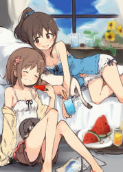 Rule 34 | 2girls, :d, ^ ^, animal, animal hug, animal on lap, bedside, blue scrunchie, breasts, brown hair, camisole, cat, cat on lap, cleavage, closed eyes, cup, drinking glass, closed eyes, flower, food, fruit, hair flower, hair ornament, hair scrunchie, highres, kyuri, lying, multiple girls, navel, on bed, on lap, on side, open mouth, original, plate, ponytail, popsicle, ribbon-trimmed shorts, ribbon trim, scrunchie, shorts, sketch, small breasts, smile, watermelon, window