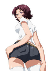 Rule 34 | 1girl, ass, breasts, glasses, ikkitousen, shirt, short hair, shorts, solo, sonsaku goei, t-shirt, tagme, thighhighs