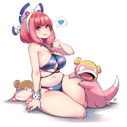 Rule 34 | 1girl, bikini, blue eyes, breasts, creatures (company), curvy, eyeshadow, galarian form, galarian slowpoke, game freak, gen 8 pokemon, highres, kenron toqueen, klara (pokemon), large breasts, looking at viewer, makeup, mole, mole under mouth, nintendo, o-ring, o-ring bikini, pink eyeshadow, pink hair, pink lips, pokemon, pokemon (creature), pokemon swsh, shiny skin, sitting, solo, swimsuit, thick thighs, thighs, wide hips
