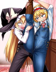 Rule 34 | 2girls, against wall, alice margatroid, alternate costume, anger vein, black headwear, black overalls, blonde hair, blue eyes, blue overalls, bow, brown footwear, buttons, commentary request, denim, frilled hairband, frills, hairband, hat, hat bow, holding another&#039;s leg, holding own foot, indoors, kirisame marisa, long hair, multiple girls, open mouth, overalls, pink ribbon, red hairband, ribbon, rug, shimizu pem, shirt, short hair, split, standing, standing on one leg, standing split, touhou, white bow, white shirt, witch hat, yellow eyes
