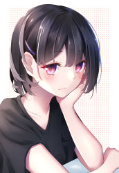 Rule 34 | 1girl, black hair, black shirt, closed mouth, collarbone, commentary request, hair ornament, hairclip, highres, looking at viewer, original, oriuo q, polka dot, polka dot background, red eyes, shirt, short sleeves, solo, upper body, white background