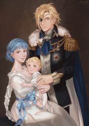 Rule 34 | 1girl, 2boys, blonde hair, blue hair, breasts, brown eyes, cape, carrying, child, child carry, dimitri alexandre blaiddyd, dress, eyepatch, family, family portrait, father and son, fire emblem, fire emblem: three houses, frilled dress, frills, hair bun, highres, husband and wife, jewelry, long hair, long sleeves, looking at viewer, marianne von edmund, medium breasts, mother and son, multiple boys, nintendo, portrait, ring, royal robe, sitting, tamafry, video game, wedding ring, white dress