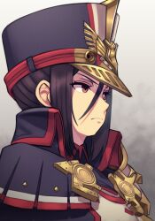 Rule 34 | 1girl, absurdres, black hair, black hat, brown eyes, closed mouth, commentary, english commentary, eyelashes, from side, hair between eyes, hat, highres, long bangs, military uniform, morag ladair (xenoblade), short hair, silverchariotx, solo, xenoblade chronicles (series), xenoblade chronicles 2