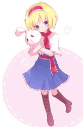Rule 34 | 1girl, alice margatroid, blonde hair, blue eyes, blush, boots, brown footwear, closed mouth, cookie (touhou), full body, hairband, highres, ichigo (cookie), knee boots, looking at viewer, miyako (naotsugu), smile, solo, touhou