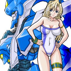 Rule 34 | 1girl, ahoge, armband, bad id, bad pixiv id, banpresto, bare shoulders, blonde hair, blue eyes, bracelet, breasts, casual one-piece swimsuit, cleavage, gaddeath, highleg, highleg swimsuit, jewelry, large breasts, long hair, lowres, mecha, navel, oekaki, one-piece swimsuit, parted bangs, robot, smile, standing, super robot wars, super robot wars the lord of elemental, swimsuit, thigh strap, tootie norbuck, tytti norback