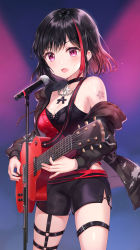 Rule 34 | 1girl, :o, absurdres, bang dream!, bare shoulders, black choker, black jacket, black shorts, blush, breasts, chain, choker, cleavage, collarbone, cowboy shot, electric guitar, guitar, highres, instrument, jacket, light particles, long sleeves, looking at viewer, medium breasts, microphone, microphone stand, mitake ran, multicolored hair, music, off shoulder, open clothes, open jacket, open mouth, playing instrument, plectrum, purple eyes, red hair, short hair, short shorts, shorts, sidelocks, solo, standing, strapless, streaked hair, sweatdrop, thigh strap, thighs, tokkyu, v-shaped eyebrows
