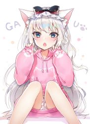 Rule 34 | 1girl, :o, absurdres, animal ears, azur lane, bad id, bad pixiv id, black bow, blue eyes, blush, bow, cat ears, commentary request, drawstring, fang, frilled shorts, frills, gao, hair bow, hammann (azur lane), hands up, head tilt, highres, hood, hood down, hoodie, knees together feet apart, long hair, long sleeves, looking at viewer, open mouth, pink hoodie, puffy long sleeves, puffy sleeves, romaji text, short shorts, shorts, silver hair, sitting, sleeves past wrists, solo, striped, striped bow, very long hair, white background, white shorts, yayoichi (yoruyoru108)