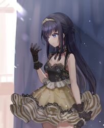 Rule 34 | 1girl, bare shoulders, black dress, black gloves, black hair, black ribbon, blue eyes, blush, bracelet, breasts, cleavage, closed mouth, collarbone, cowboy shot, curtains, dress, frilled dress, frills, from side, gloves, gold dress, gold hairband, hair between eyes, hairband, highres, holding, holding microphone, idoly pride, indoors, jewelry, kaichou (homehome h), lace, lace gloves, layered dress, legs together, long bangs, long hair, looking down, microphone, nagase mana, neck ribbon, one side up, raised eyebrows, ribbon, short dress, sidelocks, sleeveless, sleeveless dress, small breasts, smile, solo, straight hair, two-tone dress