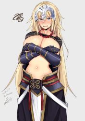 Rule 34 | 1girl, :d, blonde hair, blue eyes, blush, breasts, cleavage, cosplay, covering privates, covering breasts, embarrassed, fate/grand order, fate (series), helmet, jeanne d&#039;arc (fate), jeanne d&#039;arc (ruler) (fate), large breasts, long hair, narrow waist, navel, open mouth, rib:y(uhki), smile, solo, sweatdrop, very long hair, yan qing (fate), yan qing (fate) (cosplay)