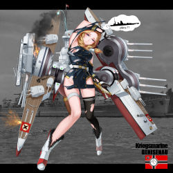 Rule 34 | 1girl, absurdres, arm over head, armpits, black thighhighs, blonde hair, blue eyes, boots, bra, bra slip, breasts, cannon, character name, covered erect nipples, explosion, fire, flare, flare gun, full body, gloves, gneisenau, gneisenau (warship girls r), highres, large breasts, long hair, machinery, military, military uniform, military vehicle, mini person, minigirl, multicolored clothes, multicolored gloves, nazi flag, nazi war ensign, official art, photo background, rail (silverbow), rodney (battleship), rudder footwear, scabbard, scharnhorst (warship girls r), sheath, sheathed, ship, shirt, silhouette, single thighhigh, smoke, solo, sword, tears, text focus, thigh strap, thighhighs, thought bubble, torn clothes, torn shirt, torn thighhighs, turret, underwear, uniform, warship girls r, watercraft, weapon, white bra