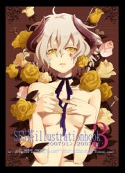 Rule 34 | 1girl, bad id, bad pixiv id, breasts, chiba sadoru, choker, covering privates, covering breasts, female focus, flower, horns, nude, nude cover, original, ribbon choker, rose, sencha, short hair, solo, topless frame, upper body, white hair, yellow eyes, yellow flower, yellow rose