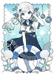 Rule 34 | 1girl, anchor ornament, blue background, blue bow, blue eyes, blue flower, blue sailor collar, blue skirt, bow, buttons, cloud, colored skin, commentary, dot nose, elina (e2n04n), fish, flower, flower (symbol), gem, hair bow, hair flower, hair ornament, hand in own hair, holding, holding swim ring, innertube, long hair, looking at viewer, moorish idol, open mouth, original, pearl (gemstone), pleated skirt, rope, rope belt, sailor, sailor collar, sailor shirt, seashell, shell, shirt, shirt bow, short sleeves, signature, skirt, smile, solo, starfish, striped, striped bow, swim ring, tropical fish, twintails, white flower, white hair, white shirt, white skin