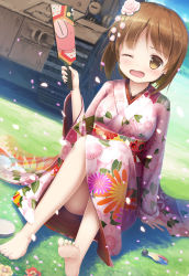 Rule 34 | 10s, 1girl, barefoot, blush, brown eyes, brown hair, day, feet, girls und panzer, hagoita, happy new year, highres, japanese clothes, kimono, looking at viewer, military, military vehicle, motor vehicle, new year, nishizumi miho, one eye closed, open mouth, outdoors, paddle, psyche3313, short hair, sitting, smile, soles, solo, tank, toes