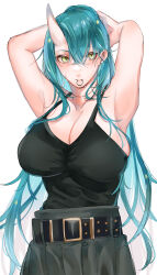 Rule 34 | 1girl, absurdres, alternate costume, arknights, armpits, arms up, belt, black belt, black tank top, breasts, casual, choker, chunta, cleavage, closed mouth, commentary, cowboy shot, facial scar, green hair, green pants, hair between eyes, hair tie in mouth, highres, horns, hoshiguma (arknights), large breasts, long hair, looking to the side, mouth hold, pants, red choker, scar, scar on cheek, scar on face, shirt tucked in, simple background, single horn, skin-covered horns, sleeveless, solo, standing, sweatdrop, tank top, white background, yellow eyes