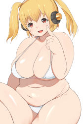 Rule 34 | 1girl, akitaka (mcdonnell-douglas), bad id, bad pixiv id, bikini, blonde hair, blush, breasts, cleavage, headphones, highres, huge breasts, looking at viewer, navel, nitroplus, open mouth, orange eyes, plump, short hair, smile, solo, super pochaco, swimsuit, thick arms, twintails, white bikini