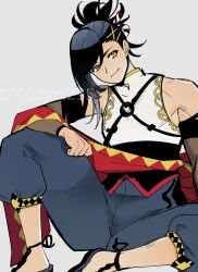 Rule 34 | 1boy, bare shoulders, black hair, closed mouth, detached sleeves, esu (b r9), fire emblem, fire emblem engage, hair ornament, japanese clothes, kagetsu (fire emblem), light smile, looking at viewer, male focus, medium hair, nintendo, pants, sandals, sitting, solo, yellow eyes