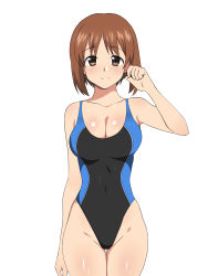 Rule 34 | 10s, 1girl, blush, breasts, brown eyes, brown hair, cleavage, competition swimsuit, covered navel, girls und panzer, highleg, highleg swimsuit, highres, kagemusha, large breasts, looking at viewer, nishizumi miho, one-piece swimsuit, short hair, smile, solo, standing, swimsuit
