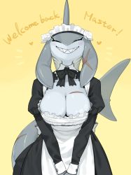 Rule 34 | 1girl, absurdres, apron, bow, bowtie, breasts, cleavage, dorsal fin, fins, fish tail, furry, furry female, gills, head fins, highres, juliet sleeves, kame (3t), large breasts, long sleeves, maid, maid apron, maid headdress, original, puffy sleeves, scar, scar on chest, shark girl, shark tail, sharp teeth, tail, teeth, yellow background